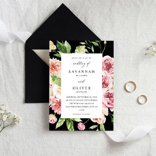 Rosa & persiko-Blommigt & Greenery Bröllop - svart Inbjudningar