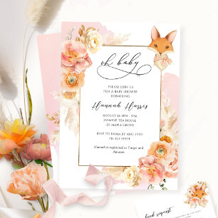 Rosa, persiko-Blommigt och fox Girl Baby Shower Inbjudningar