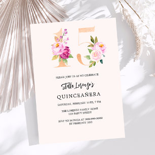 Rosa persiko-blommigtens nummer guld Quinceanera l Inbjudningar