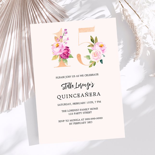 Rosa persiko-blommigtens nummer guld Quinceanera l Inbjudningar (Skapare uppladdad)