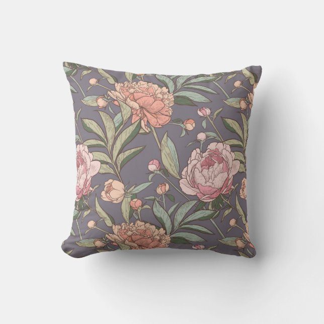 Rosa, persikofärgad och grå blommig mönster kastku kudde (Framsida)