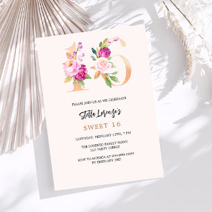 Rosa persikonummer blommigt guld Sweet 16 Inbjudningar