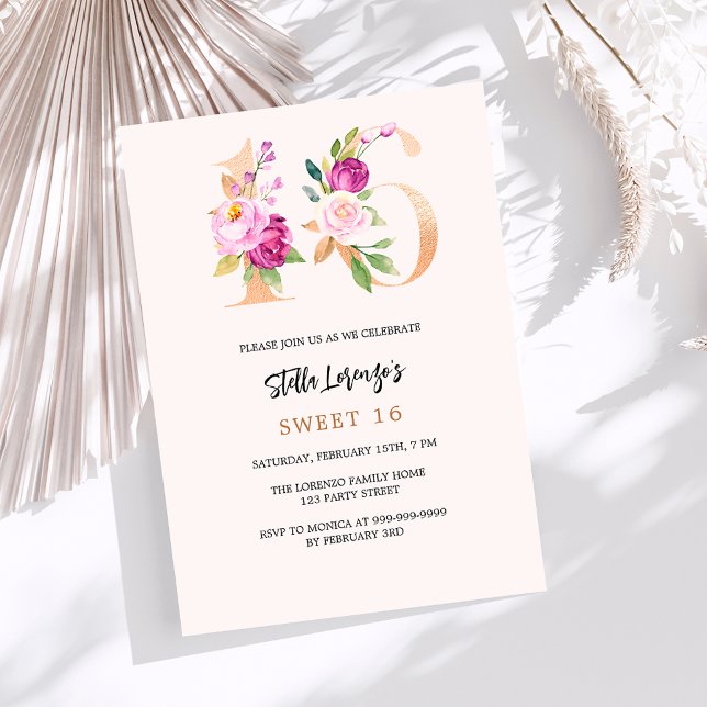 Rosa persikonummer blommigt guld Sweet 16 Inbjudningar (Skapare uppladdad)