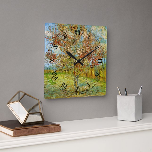 Rosa persikoträd i blom by Vincent van Gogh Fyrkantig Klocka (Kontor)