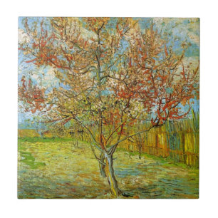 Rosa persikoträd i blom by Vincent van Gogh Kakelplatta