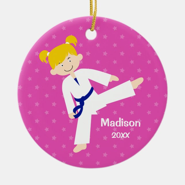 Rosa personlig för flicka för stjärnaTaekwondo Julgransprydnad Keramik (Framsidan)