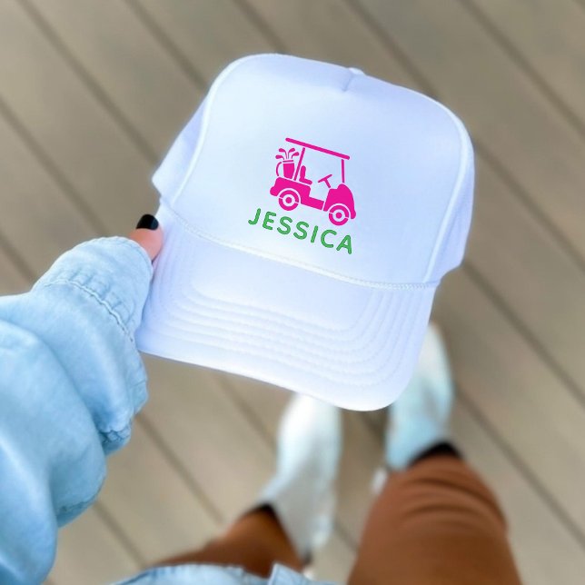 Rosa Personlig Golf Cart Keps (Pink Personalized Golf Cart Trucker Hat)