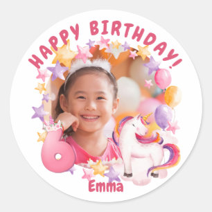 Rosa Personlig Unicorn 6e Birthday Girl Runt Klistermärke