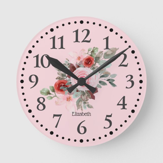 Rosa Personlig Vackert Blommigt Round Clock Rund Klocka (Framsida)