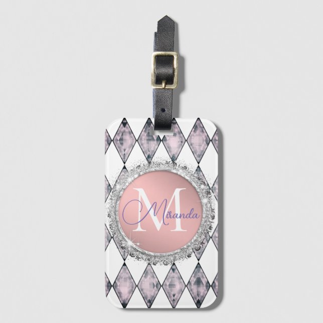 Rosa  Personligen Harlequin Glitter Monogram Bagagebricka (Framsida vertikal)