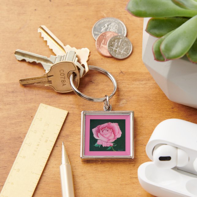 Rosa Petals Keychain Fyrkantig Silverfärgad Nyckelring (Skrivbord)