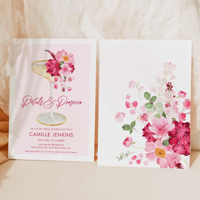 Rosa Petals och Prosecco Garden Möhippa Inbjudningar (Pink Petals and Prosecco Bridal Shower Invitation)