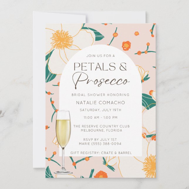 Rosa Petals och Prosecco Möhippa Party Inbjudningar (Framsida)
