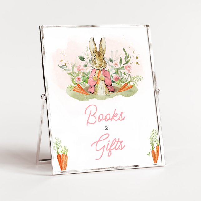 Rosa Peter Rabbit Baby Shower Bokar och presenter Poster (A Little Bunny Spring Baby Shower Books and Gifts Sign)