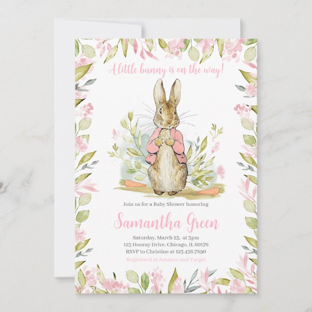 Rosa Peter Rabbit Baby Shower Inbjudningar (Framsida)