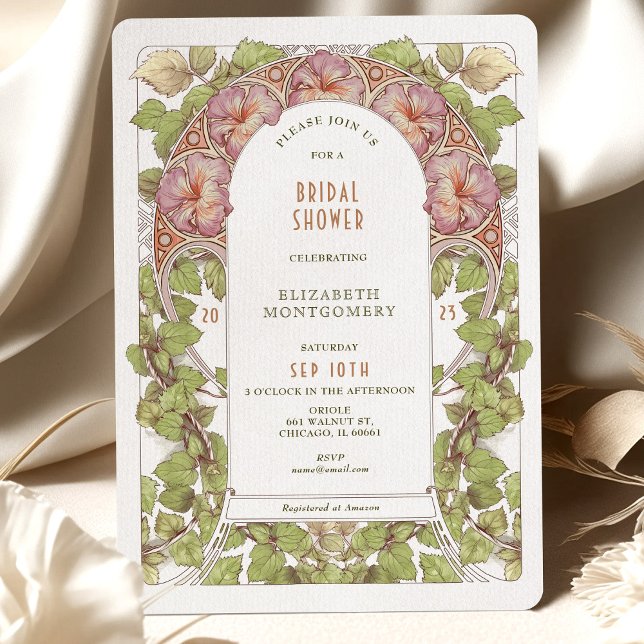 Rosa Petunia Bröllopsdusch Art Nouveau Deco Inbjudningar (Skapare uppladdad)