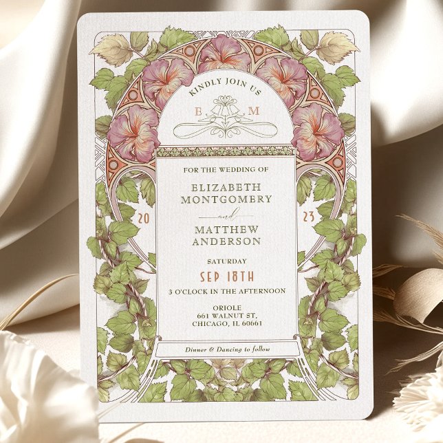 Rosa Petunia Vintage bröllop Art nouveau Mucha Inbjudningar (Skapare uppladdad)
