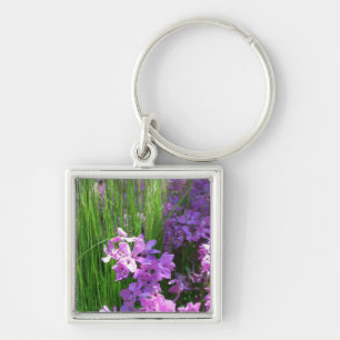 Rosa Phlox och Grass Summer Blommigt Fyrkantig Silverfärgad Nyckelring