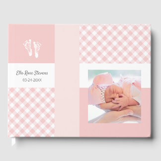 Rosa Photo Birth Announcement Gingham Footprint Gästböcker