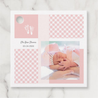 Rosa Photo Birth Announcement Gingham Footprint Gåvor Etiketter