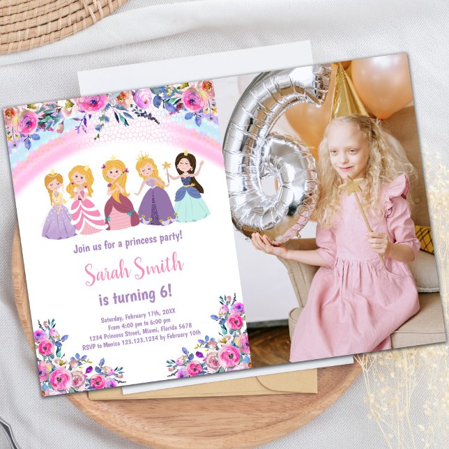 Rosa Photo Blommigt Princess Birthday Investigatio Inbjudningar (Pink Photo Floral Princess Birthday Invitations)