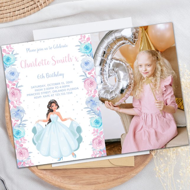 Rosa Photo Blommigt Princess Birthday Investigatio Inbjudningar (Pink Photo Floral Princess Birthday Invitations)