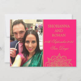 Rosa Photo Bröllop spara datum i Indiska Stil Guld Meddelande