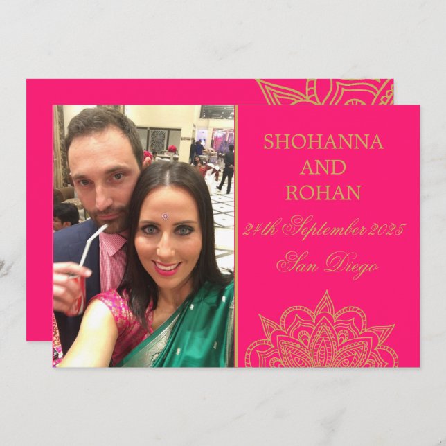 Rosa Photo Bröllop spara datum i Indiska Stil Guld Meddelande (Fram/baksida)