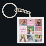 Rosa Photo Collage Anpassningsbar Kvinnors Födelse<br><div class="desc">Söt anpassningsbars nyckelkedja för kvinnors födelsedagsfest med en 6-fotomall med en ung kvinna eller tonårsflicka med namn på de söta rosorna bredvid en vacker tårta. Personlig Grattis på födelsedagen-gåva.</div>