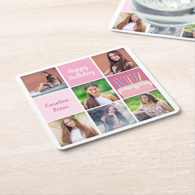 Rosa Photo Collage Anpassningsbar Kvinnors Födelse Underlägg Papper Kvadrat (Vinklad)