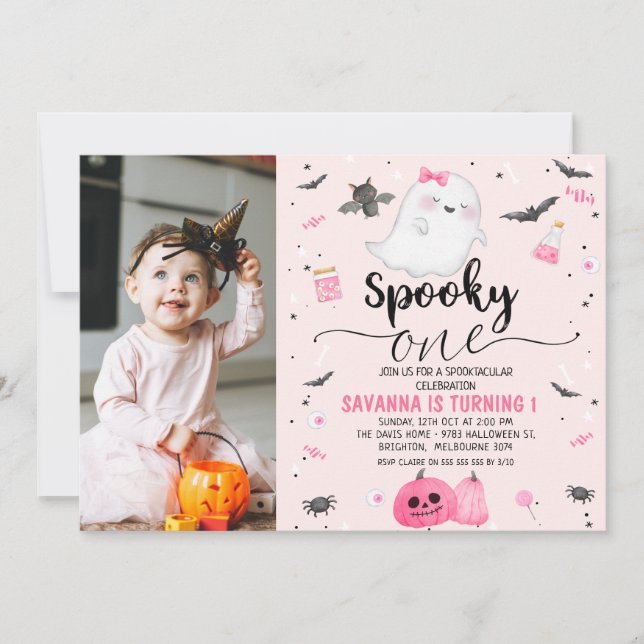 Rosa Photo Ghost Spooky One Halloween 1st Birthday Inbjudningar (Framsida)