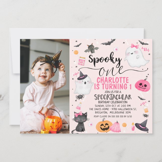 Rosa Photo Girls Spooky One Halloween 1st Birthday Inbjudningar (Framsida)