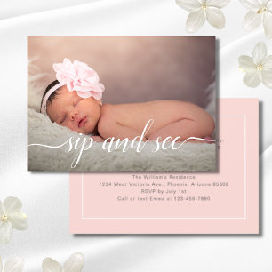 Rosa Photo Girly Sip och se Rosa för babyskor Inbjudningar