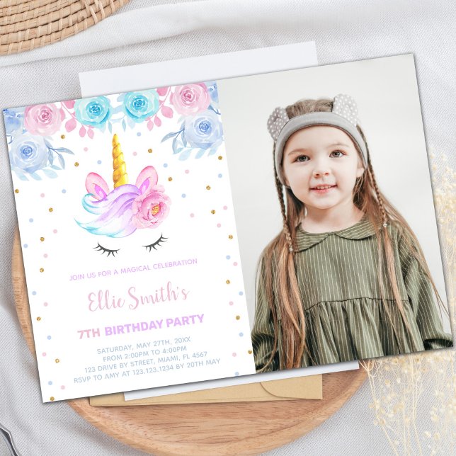 Rosa Photo Grönt Blommigt Unicorn-inbjudningar Inbjudningar (Pink Photo Green Floral Unicorn Invitations)