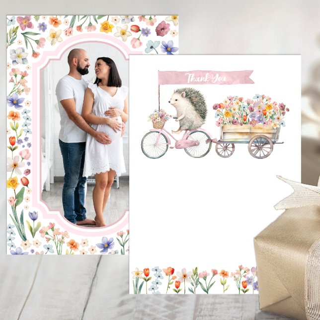 Rosa Photo Tack - Blommigt Hedgehog Baby Shower (Photo Baby Shower Thank You Card)