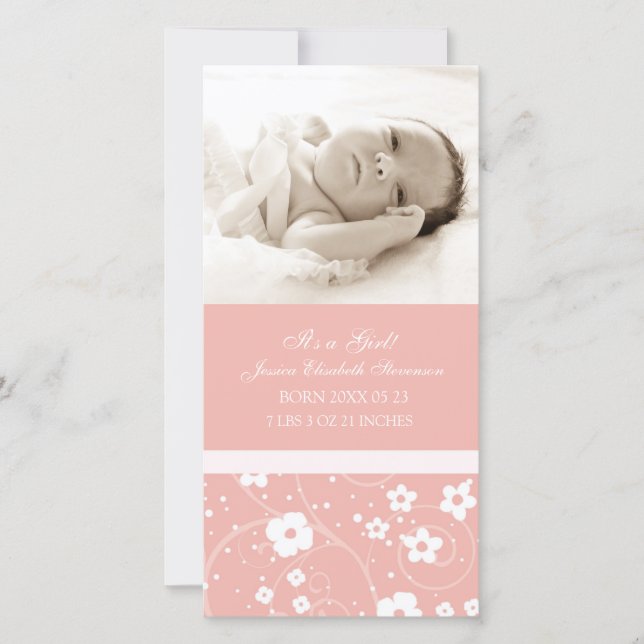 Rosa Photo Template Nyfödd bebis Birth Notice Meddelande (Framsida)