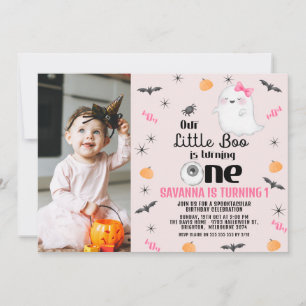 Rosa Photo Vår lilla boo Halloween 1:a födelsedag Inbjudningar