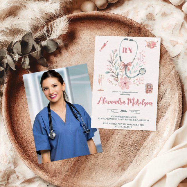 Rosa Photo Watercolor Nursing School Student Inbjudningar (Skapare uppladdad)