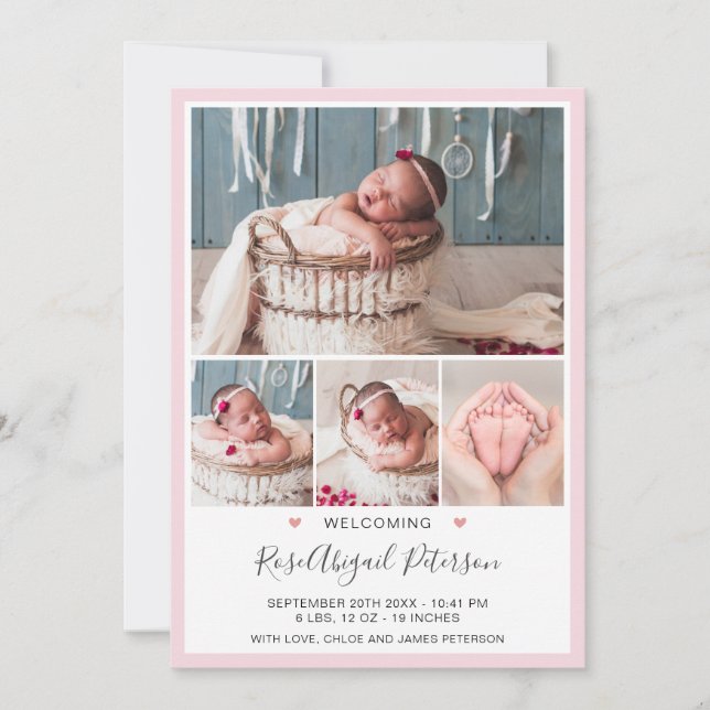 Rosa Photo Welcome Baby Stats Newborn Girl Birth B Meddelande (Framsida)