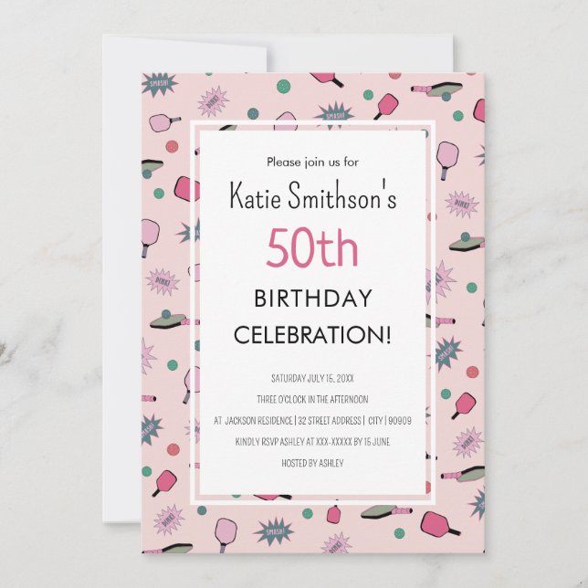 Rosa Pickleball Party 50:e födelsedagsinbjudan Inbjudningar (Framsida)