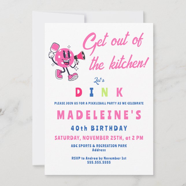 Rosa Pickleball Party Tecknad Sports Birthag Inbjudningar (Framsida)