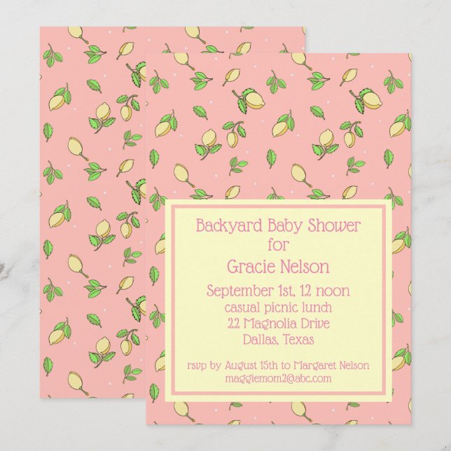 Rosa Picnic Baby Shower Lemons-inbjudan Inbjudningar (Fram/baksida)