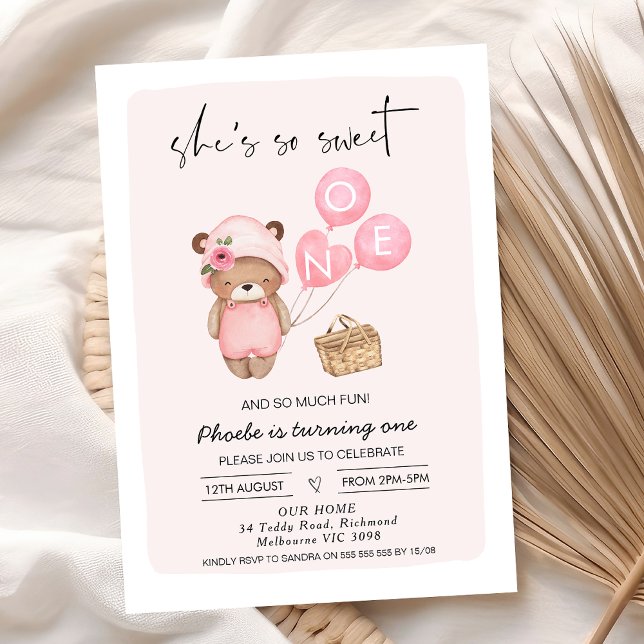 Rosa Picnic Basket och Nalle 1:a födelsedag Inbjudningar (Pink Teddy Bear 1st Birthday Invitation For baby Girl, She's So Sweet Bear Invite,Teddy Bear Picnic,)