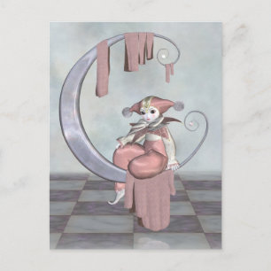 Rosa Pierrot Clown Doll på Silver Måne Vykort