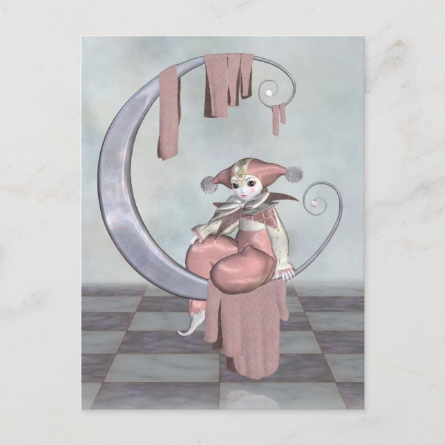 Rosa Pierrot Clown Doll på Silver Måne Vykort (Framsida)