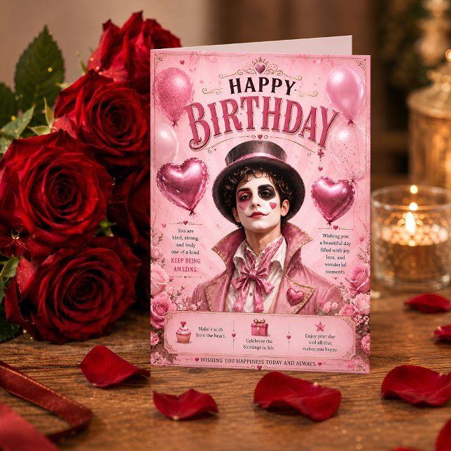 Rosa Pierrot Clown Födelsedagskort Romantisk Vinta Kort (Skapare uppladdad)