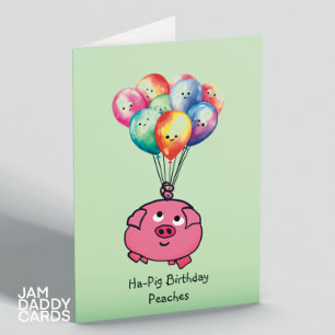 Rosa pigg med ballonger på födelsedagen tack kort