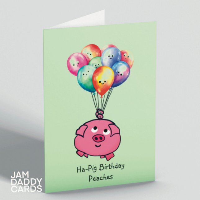 Rosa pigg med ballonger på födelsedagen tack kort (Skapare uppladdad)