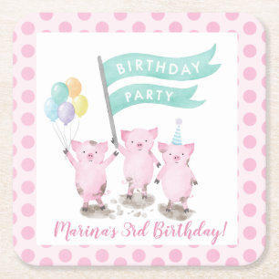 Rosa Piggys barns födelsedagparty Underlägg Papper Kvadrat