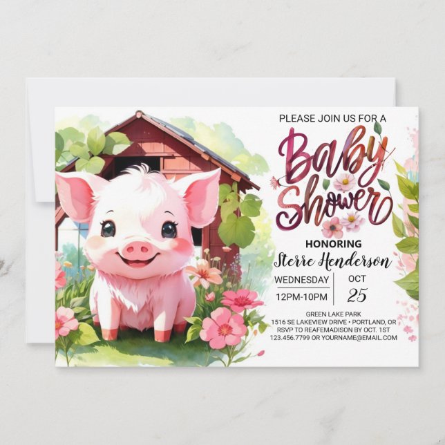 Rosa Piglet Boskap Baby Shower Inbjudningar (Framsida)